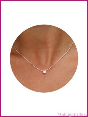 Dainty 18" Choker Necklace Gold Plated Round Faux Diamond Pendant